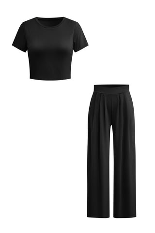 Solid Crop T-shirt And Pleated High Waist Wide Leg Pants Set (S / BLACK)