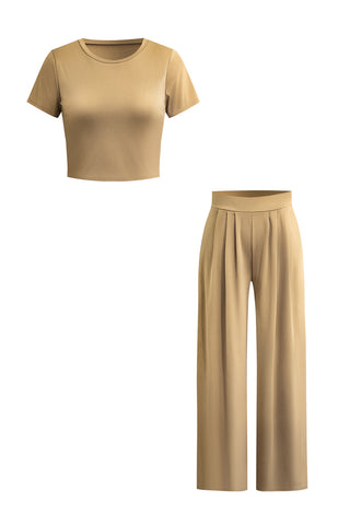 Solid Crop T-shirt And Pleated High Waist Wide Leg Pants Set (S / KHAKI)