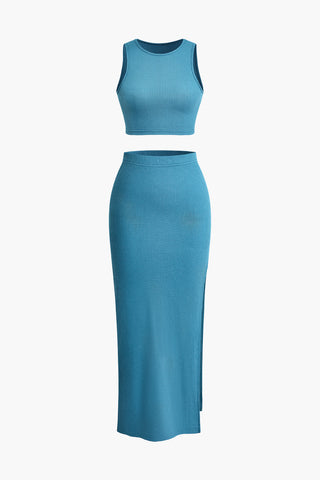 Solid Crop Tank Top And Split Midi Skirt Set (M / BLUE)