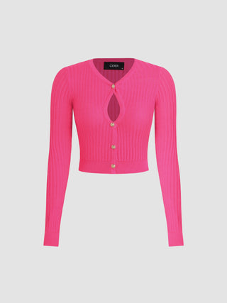 Solid Cut Out Button Up Crop Sweater (S / Pink)