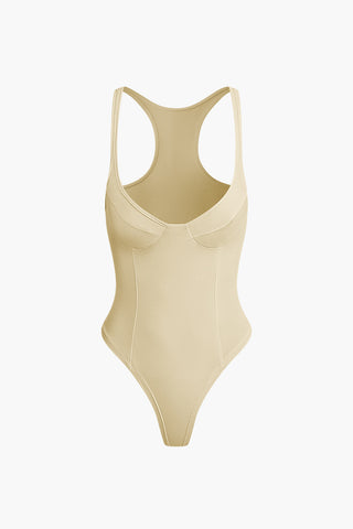 Solid Deep-V Neck Bustier Bodysuit (M / WHEAT)