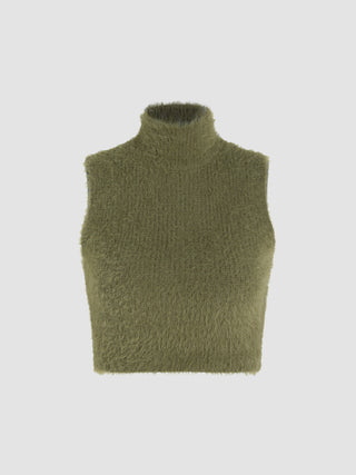 Solid Fuzzy Turtleneck Tank Top (M / Green)