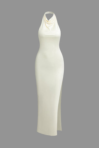 Solid Halter Backless Slit Sleeveless Maxi Dress (M / IVORY)