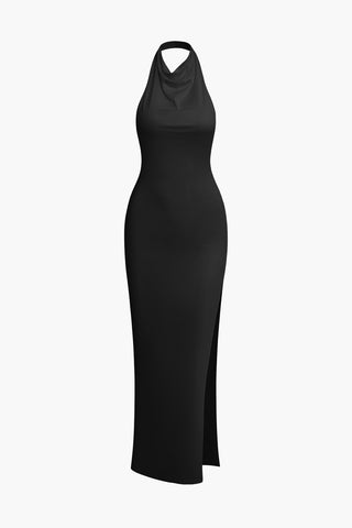 Solid Halter Backless Slit Sleeveless Maxi Dress (S / BLACK)