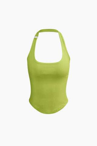 Solid Halter Curved Hem Tank Top (M / GREEN)