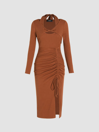 Solid Halter Drawstring Twist Ruched Knitted Midi Dress