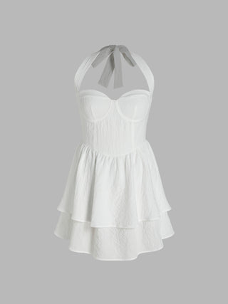 Solid Halter Knotted Ruffle Mini Dress