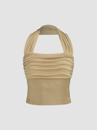 Solid Halter Neckline Ruched Top