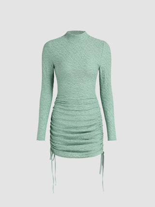 Solid High Neck Ruched Drawstring Knitted Mini Dress