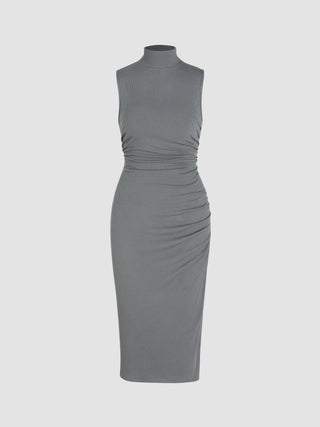 Solid High Neck Ruched Sleeveless Midi Dress