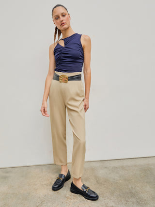 Solid High Waist Pleated Tapered Trousers