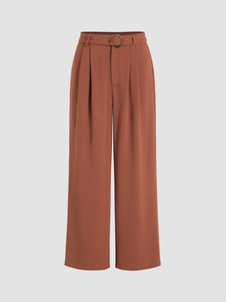 Solid High Waist Pleated Wide Leg Trousers With Belt