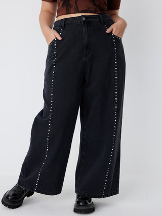 Solid High Waist Studded Straight Leg Jeans Curve & Plus (2XL / Black)