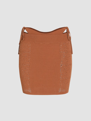 Solid Hollow Out Knotted Knitted Mini Skirt