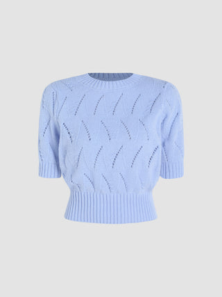 Solid Hollow Out Mid Sleeve Knitted Top