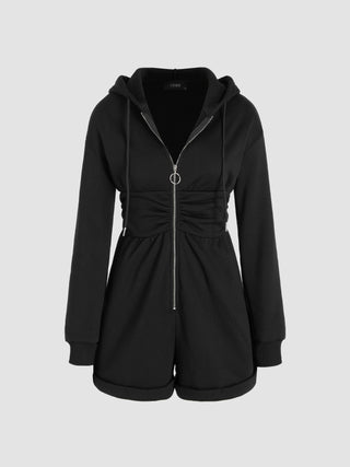 Solid Hooded Zipper Long Sleeve Playsuit