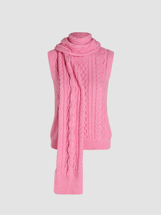 Solid Knit Round Neckline Vest With Scarf