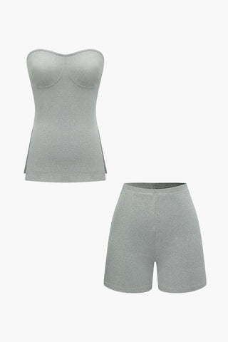 Solid Knit Split Strapless Top And Shorts Set (M / GRAY)