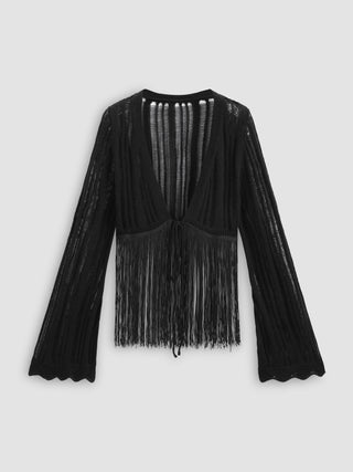 Solid Knit V-neck Tassel Hollow Out Long Sleeve Crop Top