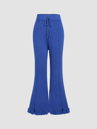 Solid Knitted Ruffle Trim Flared Trousers