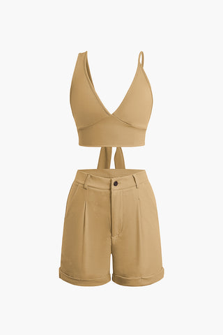 Solid Knot V-neck Cami Top And Shorts Set (XL / KHAKI)