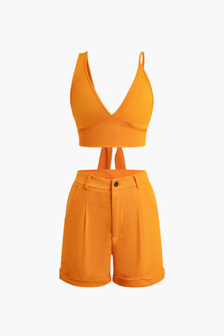 Solid Knot V-neck Cami Top And Shorts Set (XXL / ORANGE)