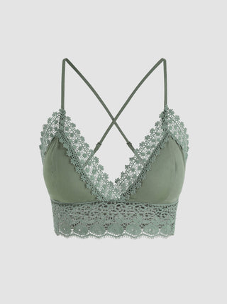 Solid Lace Trim Shirred Crop Top (L / Green)