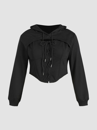 Solid Lace Up Crop Hoodie Curve & Plus