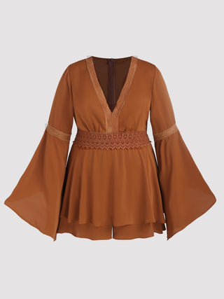 Solid Lace V-neck Bell Sleeve Playsuit Curve & Plus