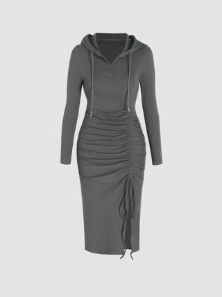 Solid Long Sleeve Drawstring Split Midi Dress