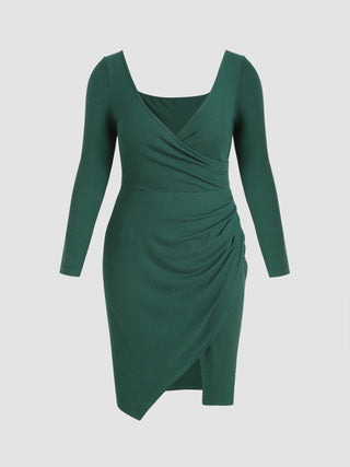 Solid Long Sleeve Ruched Midi Dress Curve & Plus (1XL / Green)