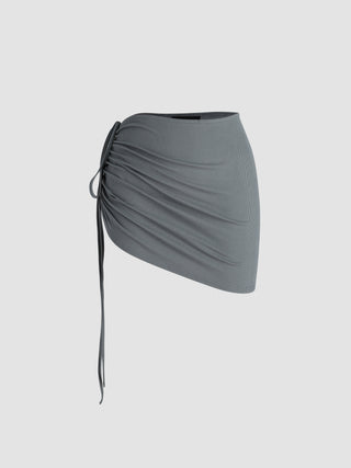 Solid Low Waist Drawstring Mini Skirt (M / Grey)