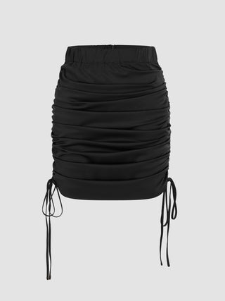 Solid Mid Waist Drawstring Mini Skirt