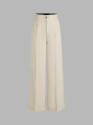 Solid Mid Waist Pleated Buckle Decor Trousers (L / Beige)