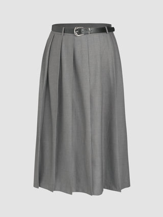 Solid Mid Waist Pleated Maxi Skirt With Belt Curve & Plus