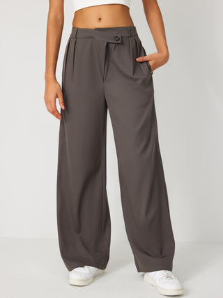 Solid Mid Waist Pleated Straight Leg Trousers