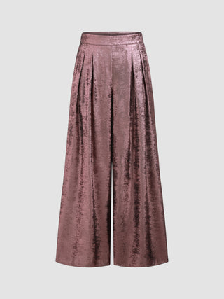 Solid Mid Waist Pleated Wide Leg Trousers