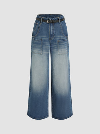 Solid Mid Waist Washed Pocket Straight Leg Jeans