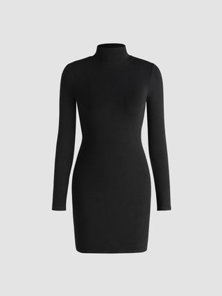 Solid Mock Neck Long Sleeve Short Dress