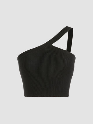 Solid One Shoulder Rib Knit Top