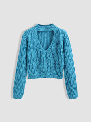 Solid Oversized Cut Out Knitted Top (L / Blue)