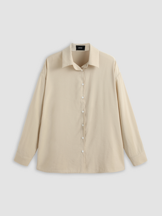 Solid Pleated Long Sleeve Shirt (L / Beige)