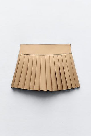 Solid Pleated Mini Skirt (L / TAN)