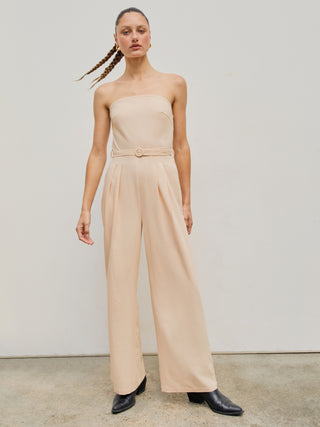 Solid Pleated Shirred Tube Jumpsuit With Belt