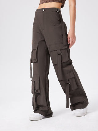 Solid Pocket Wide Leg Cargo Trousers