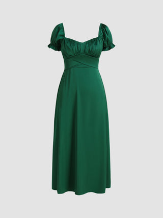 Solid Puff Sleeve Midi Dress (XL / Green)