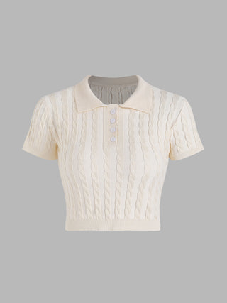 Solid Rib Knit Polo Crop Top