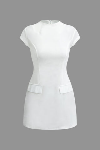 Solid Round Neck Short Sleeve Midi Dress (L / WHITE)