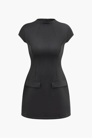 Solid Round Neck Short Sleeve Midi Dress (M / BLACK)