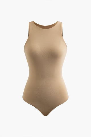 Solid Round Neck Sleeveless Bodysuit (S / KHAKI)